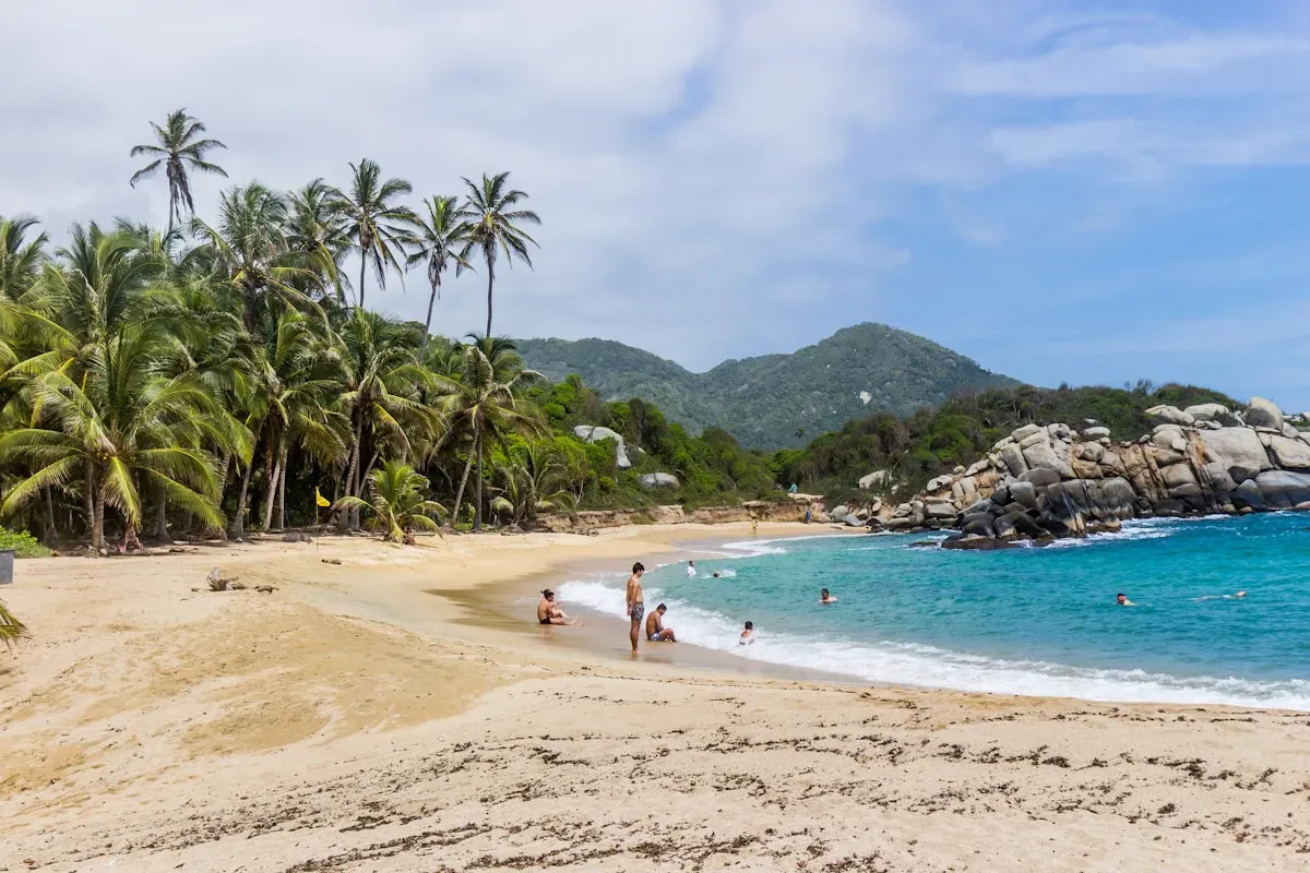 Playa paradisíaca del Parque Tayrona con palmeras y mar turquesa