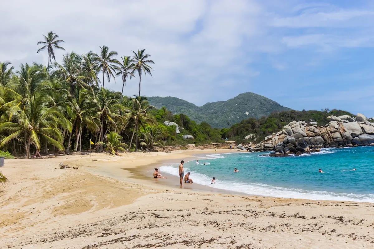 Playa paradisíaca del Parque Tayrona con palmeras y mar turquesa